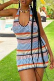 Blue Sexy Patchwork Hollowed Out Backless Halter Sleeveless Dress Dresses