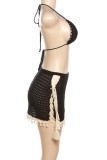 Black Sexy Patchwork Bandage Backless Halter Sleeveless Two Pieces
