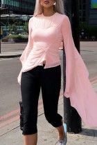 Pink Casual Solid Asymmetrical O Neck Tops