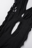 Black Sexy Solid Hollowed Out Backless U Neck One Step Skirt Dresses(Without Bikinis Set )