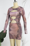 Grey Brown Street Print Hollowed Out Strap Design O Neck Wrapped Skirt Dresses