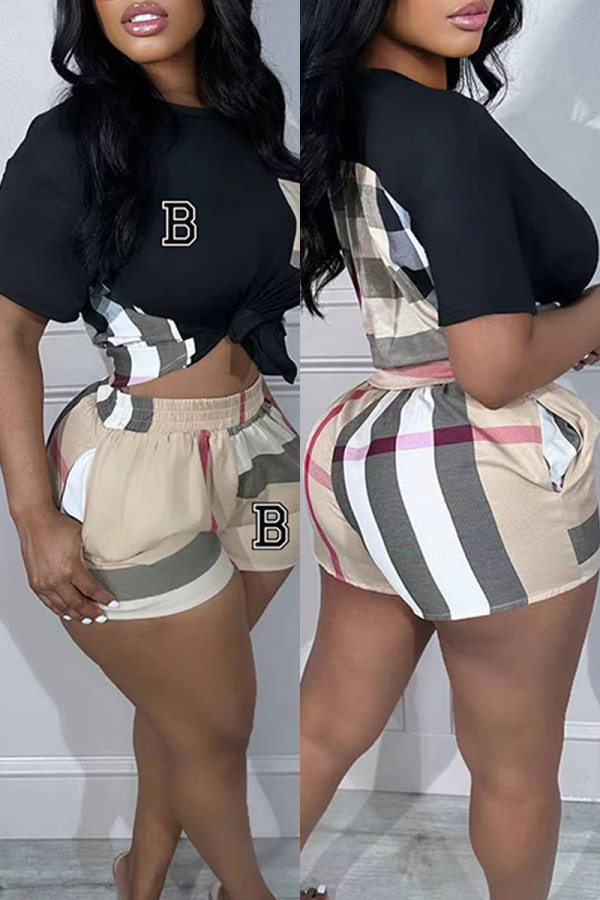 Black Casual Striped Print Patchwork Letter O Neck Short Sleeve Two Pieces