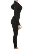 Black Sexy Casual Solid Backless Hooded Collar Skinny Jumpsuits