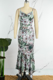 Green Sexy Print Backless Spaghetti Strap Long Dress (Subject To The Actual Object)