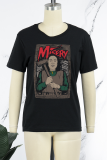 Black Daily Vintage Print Patchwork O Neck T-Shirts