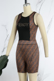Sky Blue Street Print Patchwork Letter O Neck Sleeveless Two Pieces