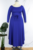 Blue Elegant Solid Patchwork O Neck Waist Skirt Plus Size Dresses(With Belt)
