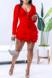 Red Sexy Casual Solid Patchwork Feathers V Neck Long Sleeve Romper