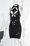 Black Sexy Solid Hollowed Out Backless Halter One Step Skirt Dresses