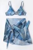 Royal Blue Sexy Print Frenulum Backless Swimsuit Three Piece Set (With Paddings)