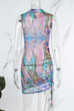 Colour Sexy Print Basic Turtleneck Sleeveless Dress Dresses