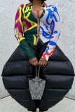 Blue Casual Print Patchwork Turndown Collar Tops