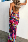 Colour Sexy Print See-through Backless Fold Halter One Step Skirt Dresses