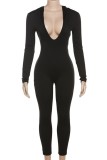 Black Sexy Casual Solid Backless Hooded Collar Skinny Jumpsuits