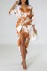 Brown Casual Print Patchwork V Neck Irregular Dress Dresses