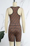 Sky Blue Street Print Patchwork Letter O Neck Sleeveless Two Pieces