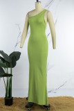 Green Sexy Casual Solid Backless Oblique Collar Long Dress Dresses