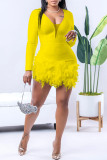 Red Sexy Casual Solid Patchwork Feathers V Neck Long Sleeve Romper