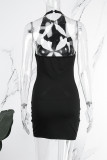 Black Sexy Solid Hollowed Out Backless Halter One Step Skirt Dresses