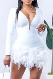 Red Sexy Casual Solid Patchwork Feathers V Neck Long Sleeve Romper