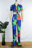 Multicolor Casual Print Patchwork Turndown Collar Short Sleeve Two Pieces