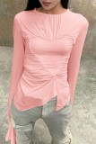 Pink Casual Solid Asymmetrical O Neck Tops