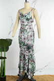 Green Sexy Print Backless Spaghetti Strap Long Dress (Subject To The Actual Object)