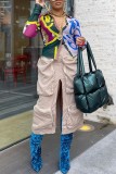Blue Casual Print Patchwork Turndown Collar Tops