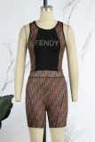 Sky Blue Street Print Patchwork Letter O Neck Sleeveless Two Pieces