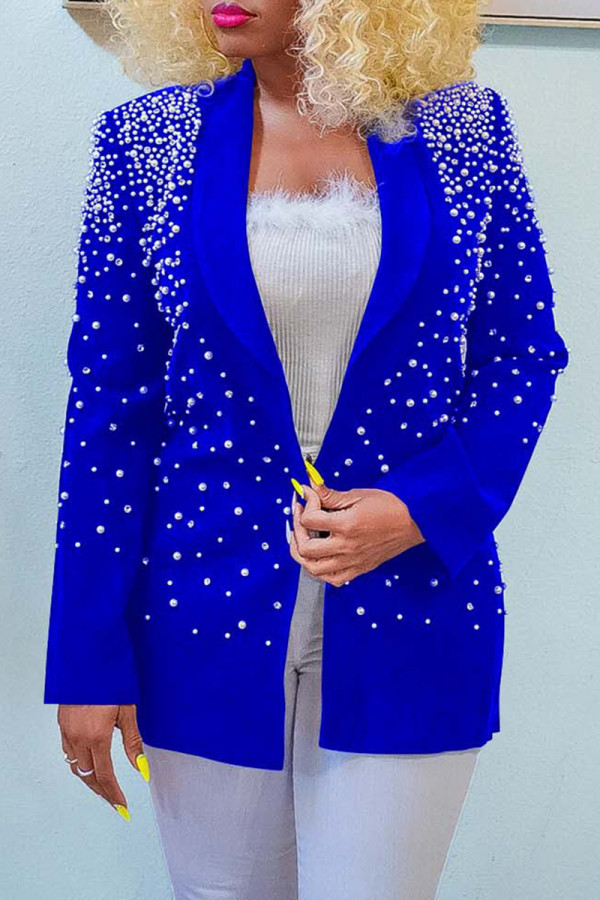 Blue Casual Daily Solid Patchwork Beading Turn-back Collar Outerwear