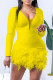 Yellow Sexy Casual Solid Patchwork Feathers V Neck Long Sleeve Romper