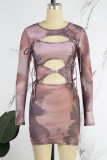 Grey Brown Street Print Hollowed Out Strap Design O Neck Wrapped Skirt Dresses