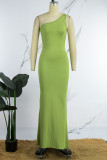 Green Sexy Casual Solid Backless Oblique Collar Long Dress Dresses