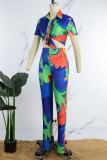 Multicolor Casual Print Patchwork Turndown Collar Short Sleeve Two Pieces