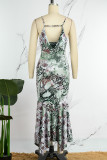 Green Sexy Print Backless Spaghetti Strap Long Dress (Subject To The Actual Object)