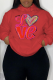 Red Street Daily Print Draw String Letter Hooded Collar Tops