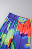 Multicolor Casual Print Patchwork Turndown Collar Short Sleeve Two Pieces