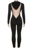 Black Sexy Casual Solid Backless Hooded Collar Skinny Jumpsuits