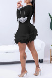 Red Sexy Casual Solid Patchwork Feathers V Neck Long Sleeve Romper