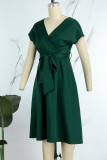 Ink Green Casual Solid Patchwork V Neck A Line Dresses