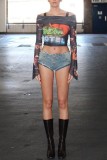 Black Casual Print Patchwork Off the Shoulder Tops