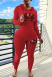 Pink Casual Print Letter Hooded Collar Long Sleeve Two Pieces