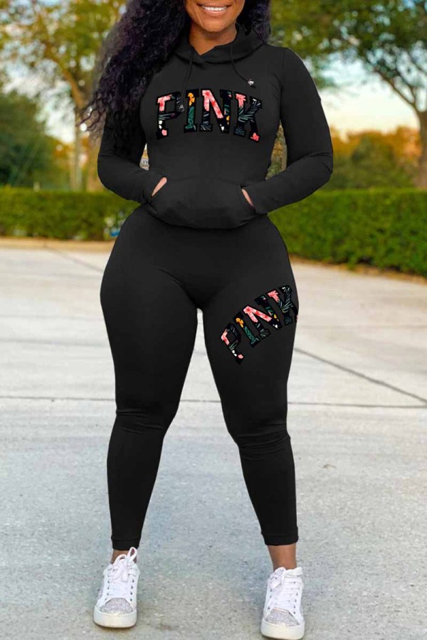 Black Casual Print Letter Hooded Collar Long Sleeve Two Pieces