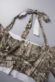 Camouflage Street Print Tassel Ripped Backless Halter Long Sleeve Two Pieces(Without Waist Chain)