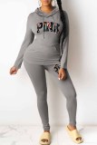 Pink Casual Print Letter Hooded Collar Long Sleeve Two Pieces