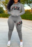 Pink Casual Print Letter Hooded Collar Long Sleeve Two Pieces