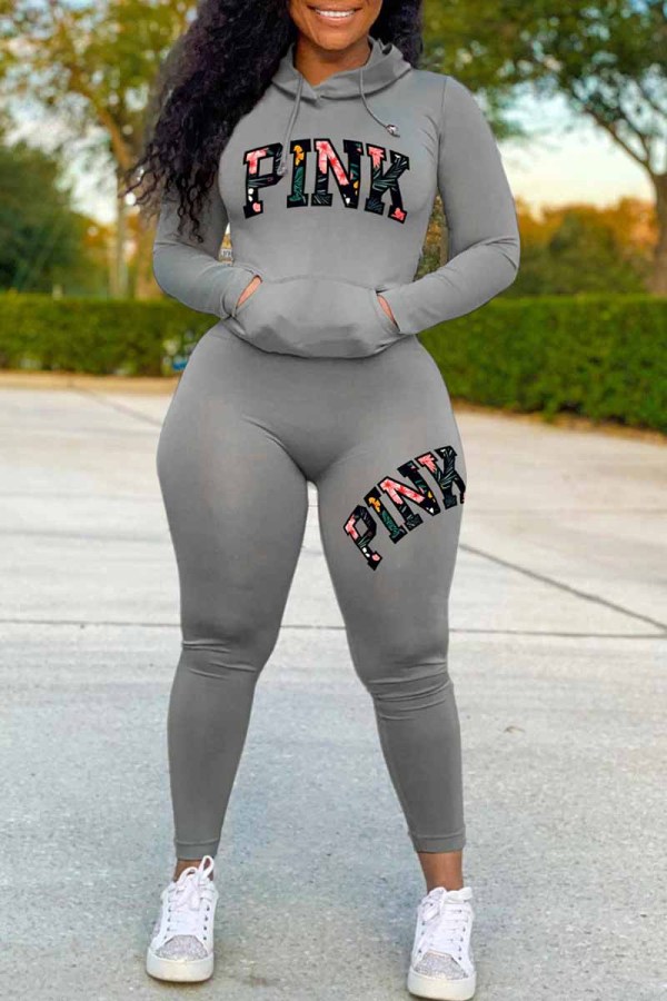 Grey Casual Print Letter Hooded Collar Long Sleeve Two Pieces