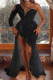 Black Elegant Solid Hollowed Out High Opening Fold Rhinestone Oblique Collar Irregular Dress Dresses
