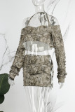 Camouflage Street Print Tassel Ripped Backless Halter Long Sleeve Two Pieces(Without Waist Chain)