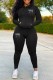 Black Casual Print Letter Hooded Collar Long Sleeve Two Pieces